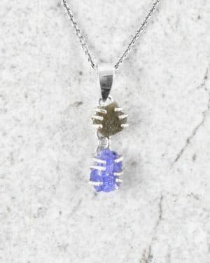 Great Raw Moldavite Tanzanite Necklace Wrapped in Sterling Silver