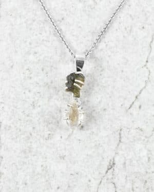 Superb Raw Moldavite Herkimer Diamond Necklace Wrapped in Sterling Silver