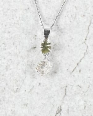 Outstanding Raw Moldavite Herkimer Diamond Necklace Wrapped in Sterling Silver